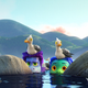 Alberto and Luca--two mermaid-like characters from Luca--spy on humanity while hiding in the water along with seagulls sitting on their heads..